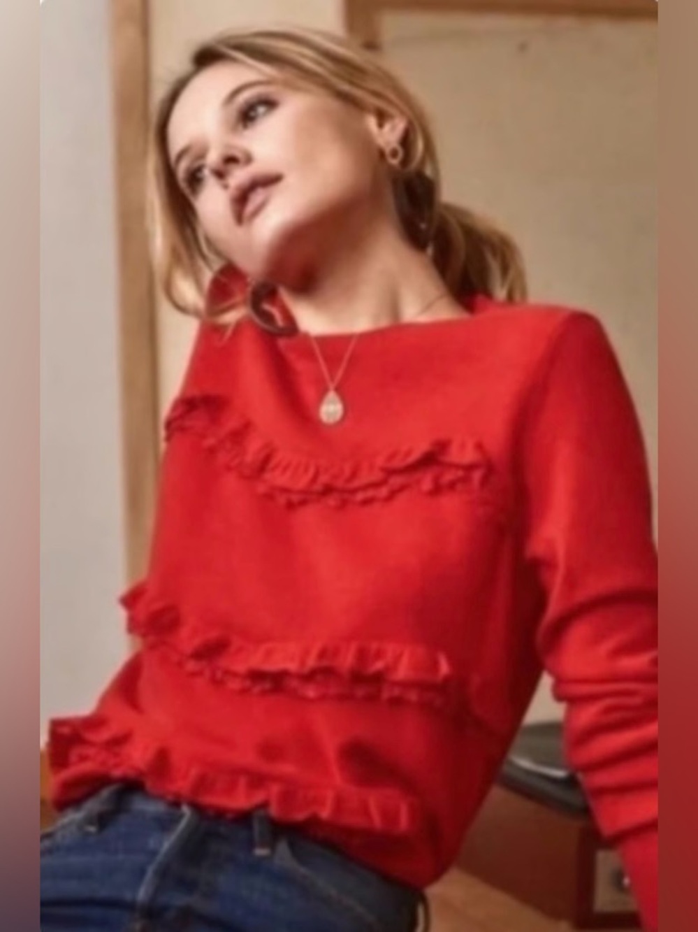Sézane Andreas red ruffled sweater crafted from a wool-cashmere blend.
